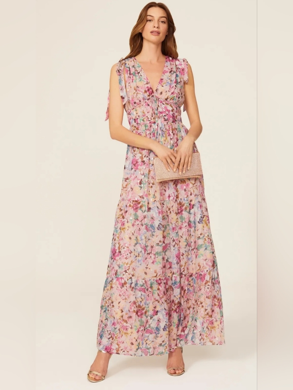SHOSHANNA SILK ZAHRA FLORAL GOWN SIZE 4 MSFloral Tie-Shoulder Maxi Dress in Pink